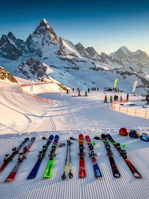 Luchtfoto van besneeuwde skipistes in Chamonix met Mont Blanc op de achtergrond en kleurrijke ski-uitrusting in de voorgrond
