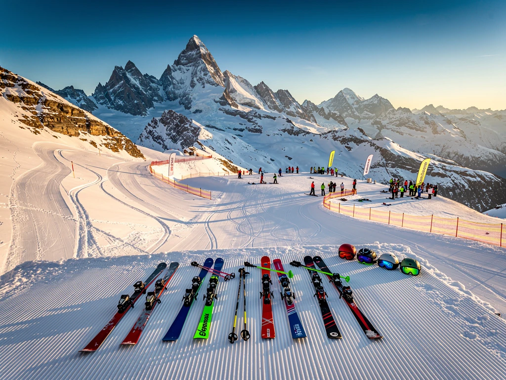 Luchtfoto van besneeuwde skipistes in Chamonix met Mont Blanc op de achtergrond en kleurrijke ski-uitrusting in de voorgrond