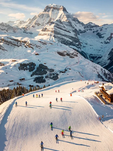 Aerial view of Combloux ski slopes with Mont Blanc mountain backdrop, skiers on groomed runs, and traditional alpine chalets