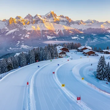 Luchtfoto van skihellingen Combloux met Mont Blanc op achtergrond, verse sneeuw en Alpine chalets in gouden ochtendlicht