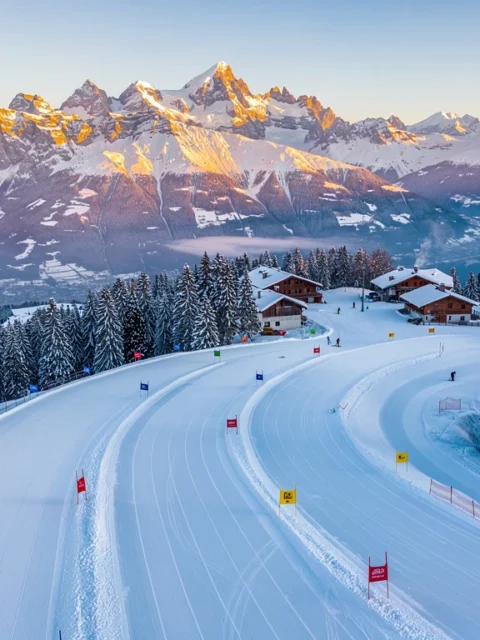 Luchtfoto van skihellingen Combloux met Mont Blanc op achtergrond, verse sneeuw en Alpine chalets in gouden ochtendlicht
