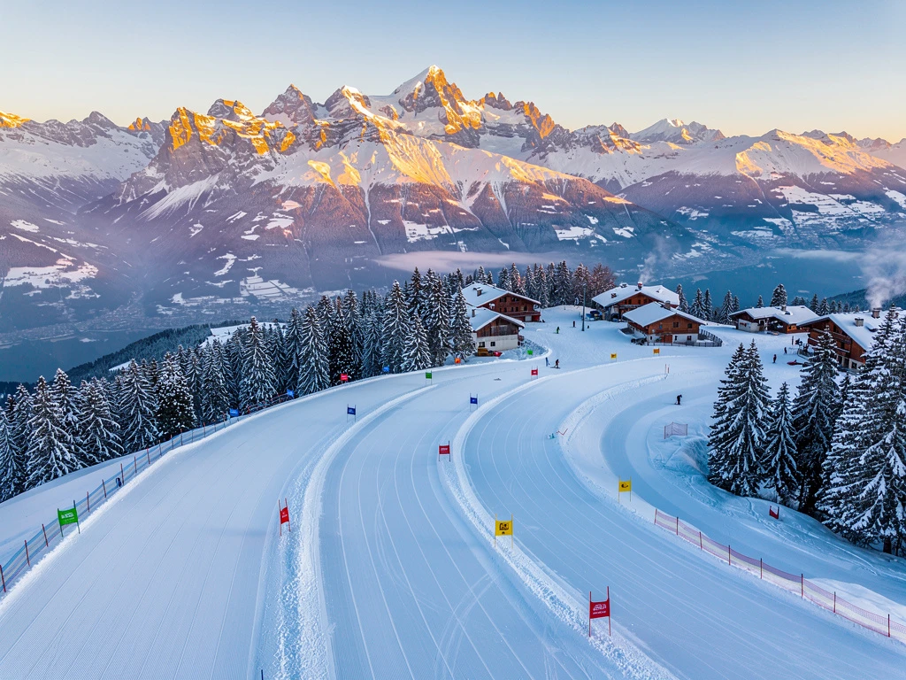 Luchtfoto van skihellingen Combloux met Mont Blanc op achtergrond, verse sneeuw en Alpine chalets in gouden ochtendlicht