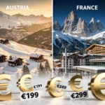 Comparaison visuelle des stations de ski alpines autrichiennes et françaises avec chalets, remontées et symboles euros