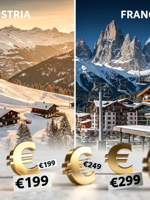 Comparaison visuelle des stations de ski alpines autrichiennes et françaises avec chalets, remontées et symboles euros