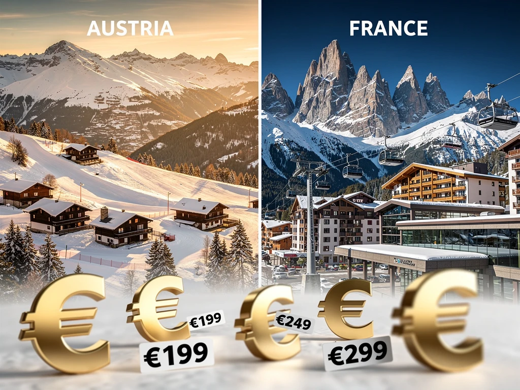 Comparaison visuelle des stations de ski alpines autrichiennes et françaises avec chalets, remontées et symboles euros
