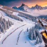 Luchtfoto van Courchevel 1550 skipistes bij zonsondergang met skileraren en studenten op besneeuwde hellingen