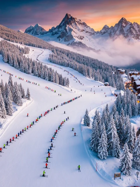 Luchtfoto van Courchevel 1550 skipistes bij zonsondergang met skileraren en studenten op besneeuwde hellingen