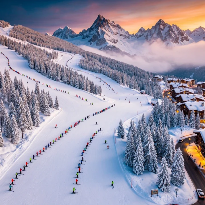 Luchtfoto van Courchevel 1550 skipistes bij zonsondergang met skileraren en studenten op besneeuwde hellingen
