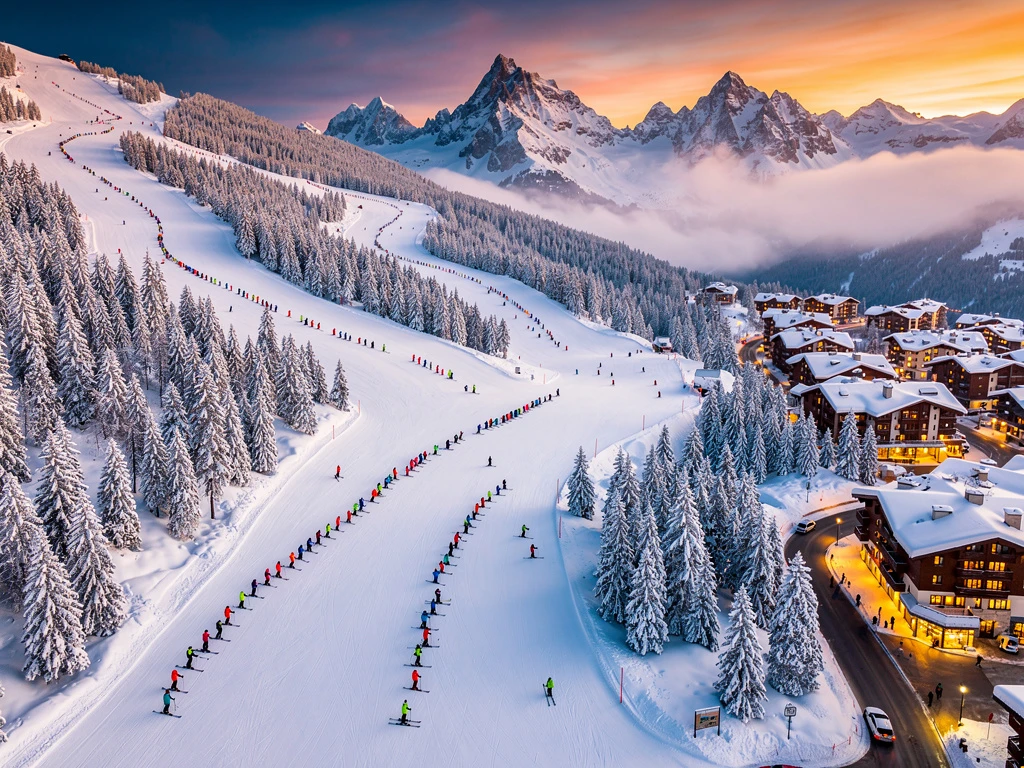 Luchtfoto van Courchevel 1550 skipistes bij zonsondergang met skileraren en studenten op besneeuwde hellingen