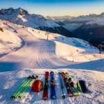 Aerial view of Courchevel 1650 ski slopes with colorful ski equipment in foreground and Alpine peaks bathed in golden sunlight.