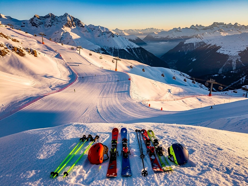 Aerial view of Courchevel 1650 ski slopes with colorful ski equipment in foreground and Alpine peaks bathed in golden sunlight.