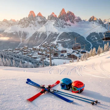 Luchtfoto van Courchevel 1650 skipistes in ochtendlicht met kleurrijke ski-uitrusting en Franse Alpen op achtergrond