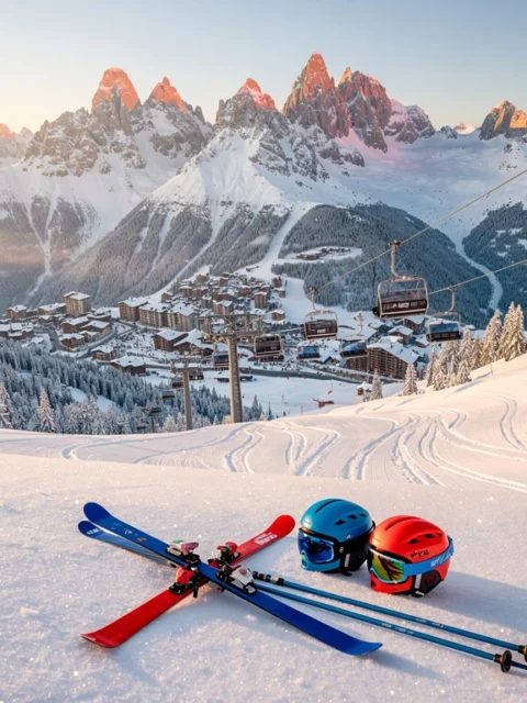 Luchtfoto van Courchevel 1650 skipistes in ochtendlicht met kleurrijke ski-uitrusting en Franse Alpen op achtergrond