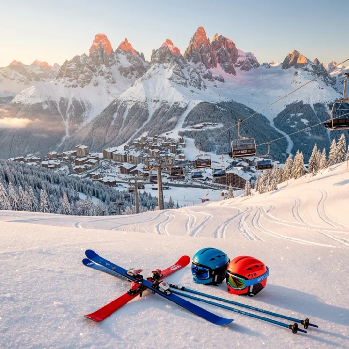 Luchtfoto van Courchevel 1650 skipistes in ochtendlicht met kleurrijke ski-uitrusting en Franse Alpen op achtergrond
