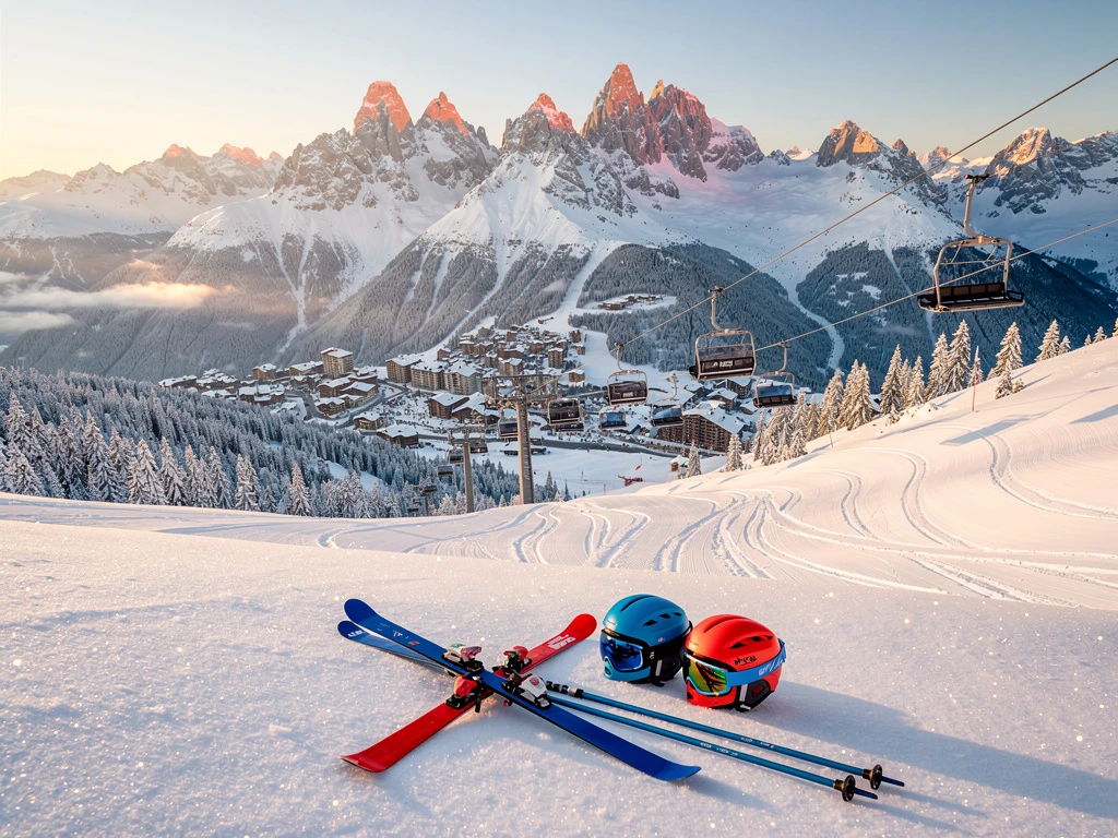 Luchtfoto van Courchevel 1650 skipistes in ochtendlicht met kleurrijke ski-uitrusting en Franse Alpen op achtergrond