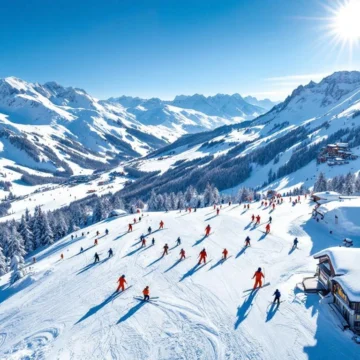 Luchtfoto van Courchevel 1850 skipistes met ski-instructeurs, kleurrijke uitrusting en luxe chalets onder blauwe hemel
