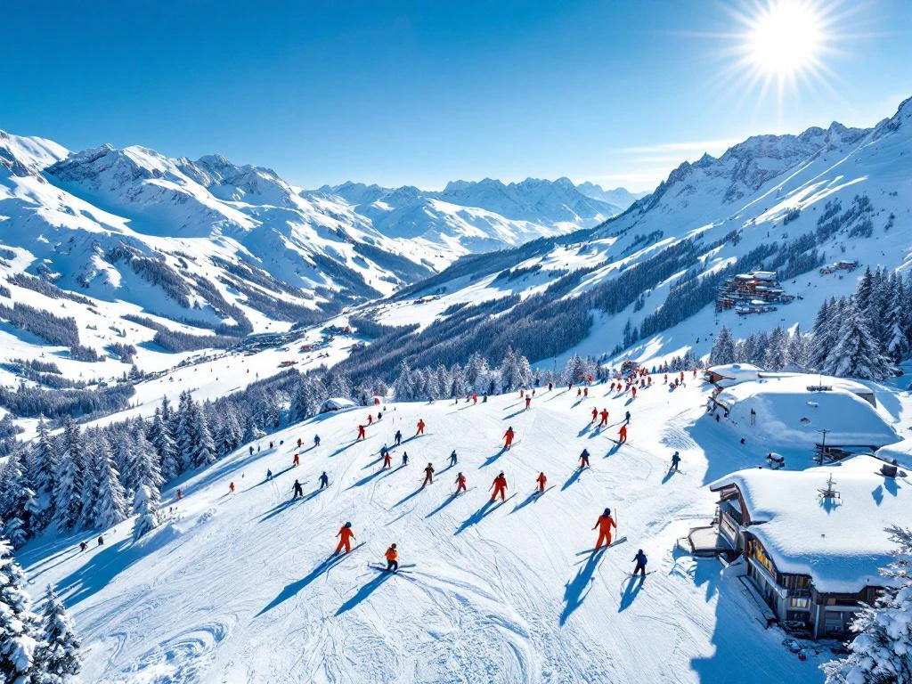 Luchtfoto van Courchevel 1850 skipistes met ski-instructeurs, kleurrijke uitrusting en luxe chalets onder blauwe hemel