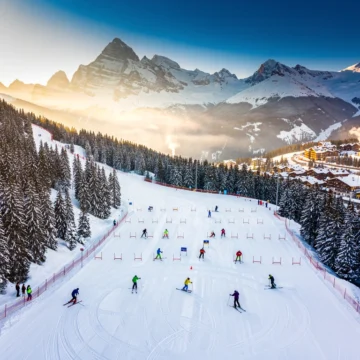 Aerial view of Courchevel 1300 ski slopes with skiers practicing on groomed runs surrounded by snow-covered Alpine peaks