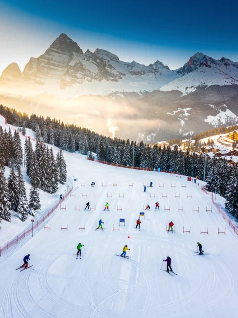 Aerial view of Courchevel 1300 ski slopes with skiers practicing on groomed runs surrounded by snow-covered Alpine peaks
