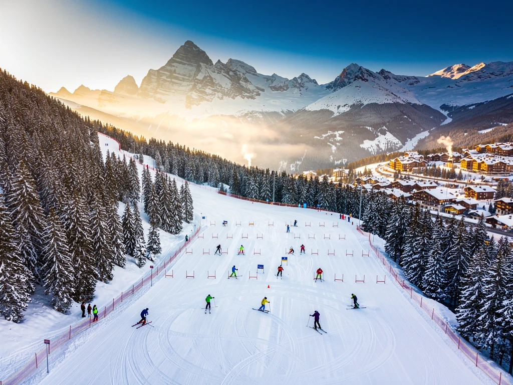 Aerial view of Courchevel 1300 ski slopes with skiers practicing on groomed runs surrounded by snow-covered Alpine peaks
