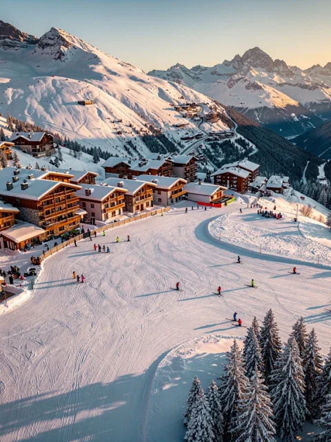 Aerial view of Courchevel 1550 ski resort with skiers on groomed slopes, snow-covered Alpine chalets and mountains at golden hour