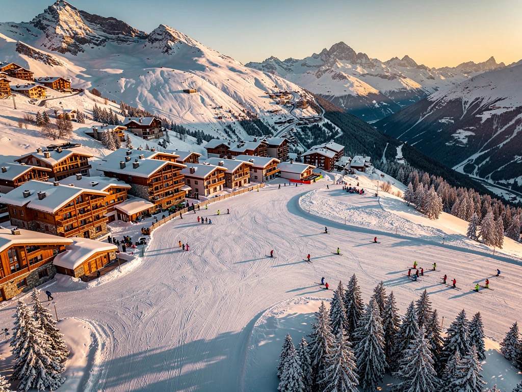 Aerial view of Courchevel 1550 ski resort with skiers on groomed slopes, snow-covered Alpine chalets and mountains at golden hour