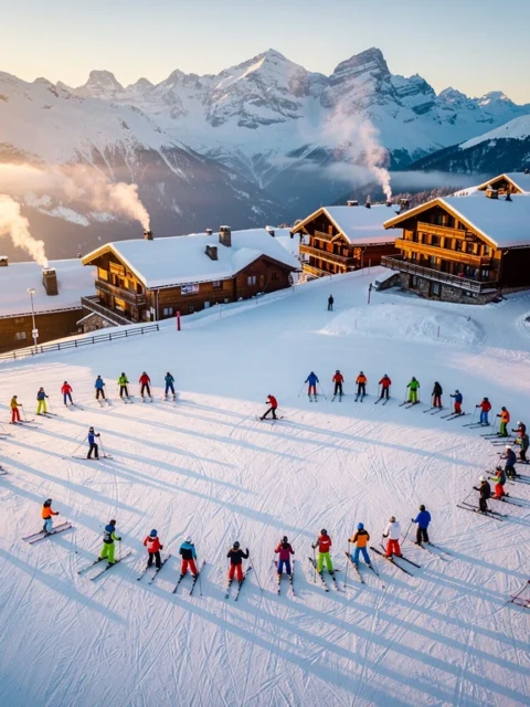 Luchtfoto van skipistes in Courchevel 1300 tijdens gouden uur met skilessen, gekleurde uitrusting en Alpine chalets