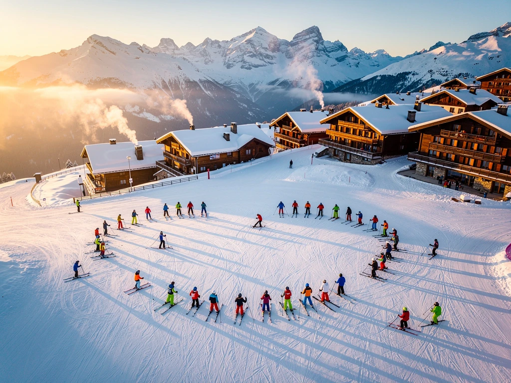 Luchtfoto van skipistes in Courchevel 1300 tijdens gouden uur met skilessen, gekleurde uitrusting en Alpine chalets