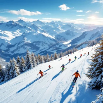Luchtfoto van Damüls skigebied met besneeuwde Alpentoppen, ski-uitrusting en instructeurs op perfecte pistes