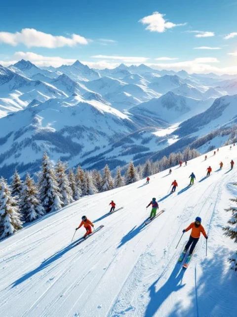 Luchtfoto van Damüls skigebied met besneeuwde Alpentoppen, ski-uitrusting en instructeurs op perfecte pistes