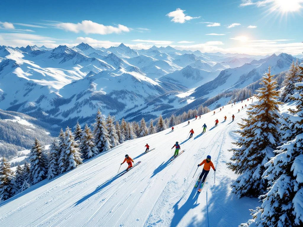 Luchtfoto van Damüls skigebied met besneeuwde Alpentoppen, ski-uitrusting en instructeurs op perfecte pistes