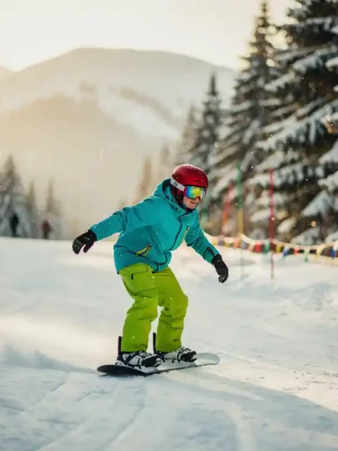 Débutant en snowboard descendant une piste verte douce, entouré de sapins enneigés et de balises colorées en montagne