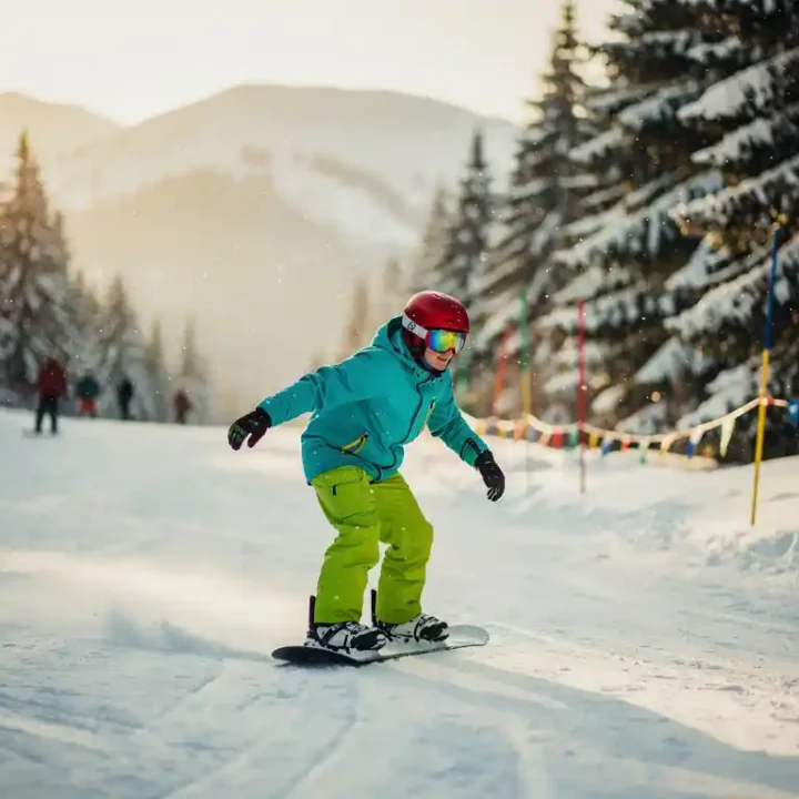 Débutant en snowboard descendant une piste verte douce, entouré de sapins enneigés et de balises colorées en montagne