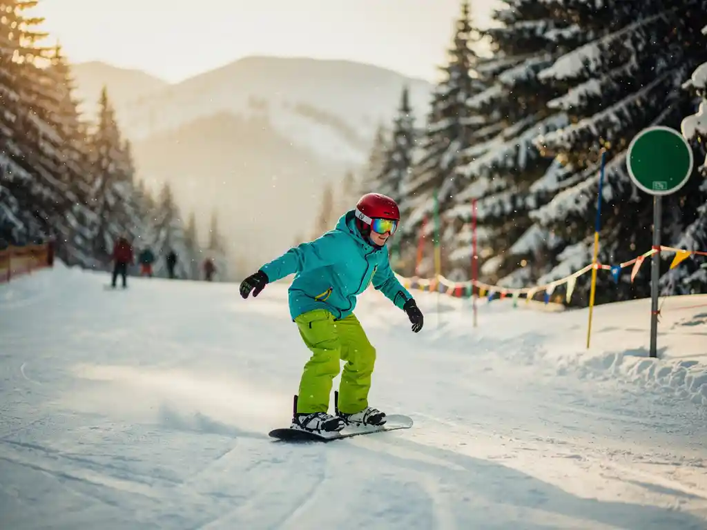 Débutant en snowboard descendant une piste verte douce, entouré de sapins enneigés et de balises colorées en montagne