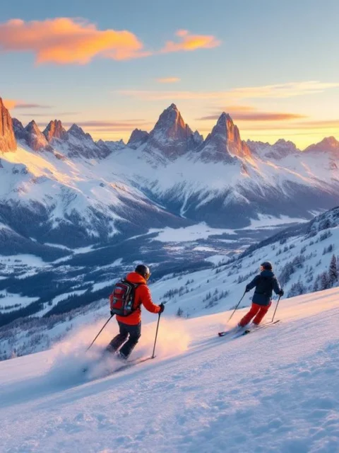 Twee skiërs op een perfecte piste in de Dolomieten bij gouden uur, met dramatische kalkstenen pieken die oranje-roze gloeien tegen een heldere blauwe lucht.