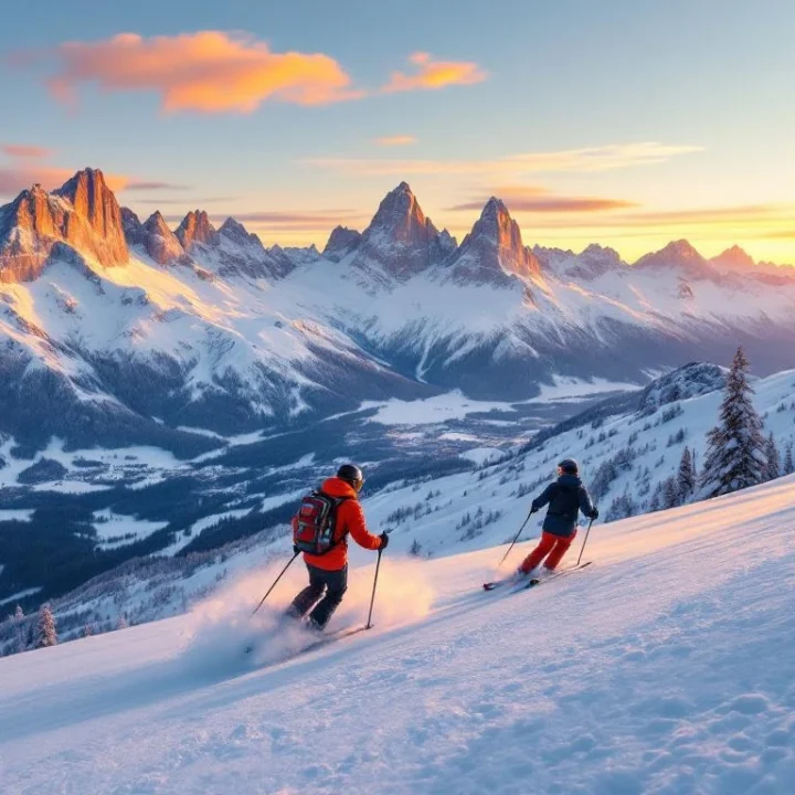 Twee skiërs op een perfecte piste in de Dolomieten bij gouden uur, met dramatische kalkstenen pieken die oranje-roze gloeien tegen een heldere blauwe lucht.