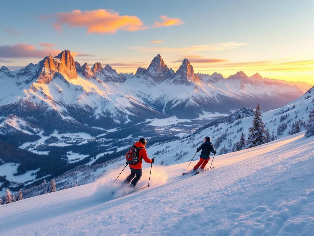 Twee skiërs op een perfecte piste in de Dolomieten bij gouden uur, met dramatische kalkstenen pieken die oranje-roze gloeien tegen een heldere blauwe lucht.
