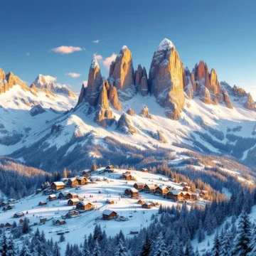Luchtfoto van besneeuwde Dolomieten met skipistes, chalets en bergtoppen in gouden zonsopganglicht, Italië