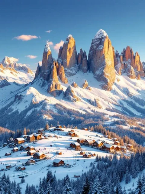Luchtfoto van besneeuwde Dolomieten met skipistes, chalets en bergtoppen in gouden zonsopganglicht, Italië
