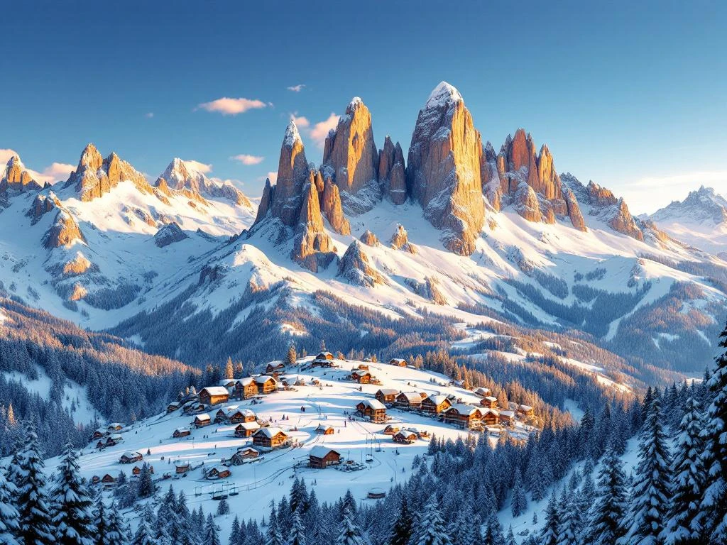 Luchtfoto van besneeuwde Dolomieten met skipistes, chalets en bergtoppen in gouden zonsopganglicht, Italië