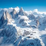 Luchtfoto van Dolomieten skigebied met besneeuwde kalkstenen pieken, skiliften en gondels onder blauwe Alpenlucht