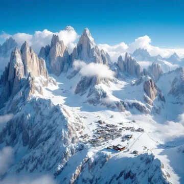 Luchtfoto van Dolomieten skigebied met besneeuwde kalkstenen pieken, skiliften en gondels onder blauwe Alpenlucht