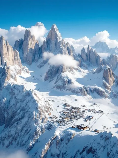 Luchtfoto van Dolomieten skigebied met besneeuwde kalkstenen pieken, skiliften en gondels onder blauwe Alpenlucht