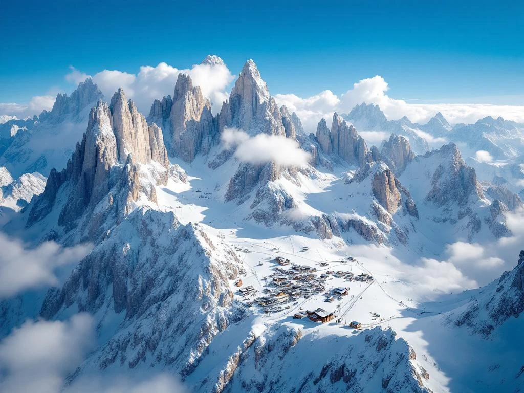 Luchtfoto van Dolomieten skigebied met besneeuwde kalkstenen pieken, skiliften en gondels onder blauwe Alpenlucht