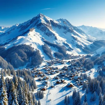 Luchtfoto van besneeuwde Duitse Alpen met skipistes, chalets en naaldbossen onder blauwe hemel