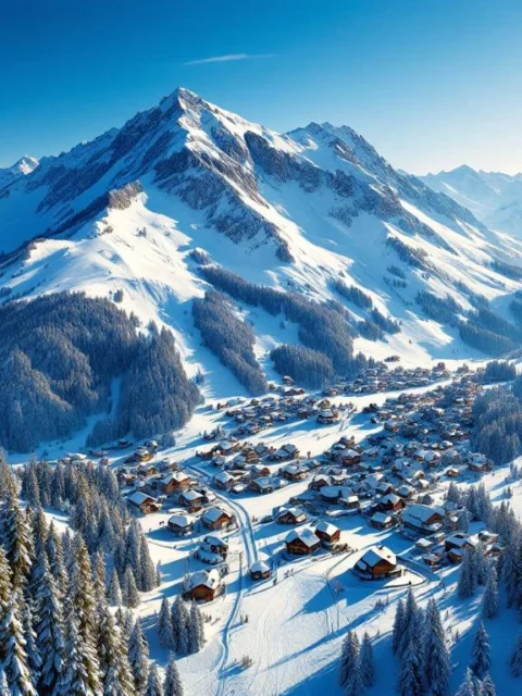 Luchtfoto van besneeuwde Duitse Alpen met skipistes, chalets en naaldbossen onder blauwe hemel
