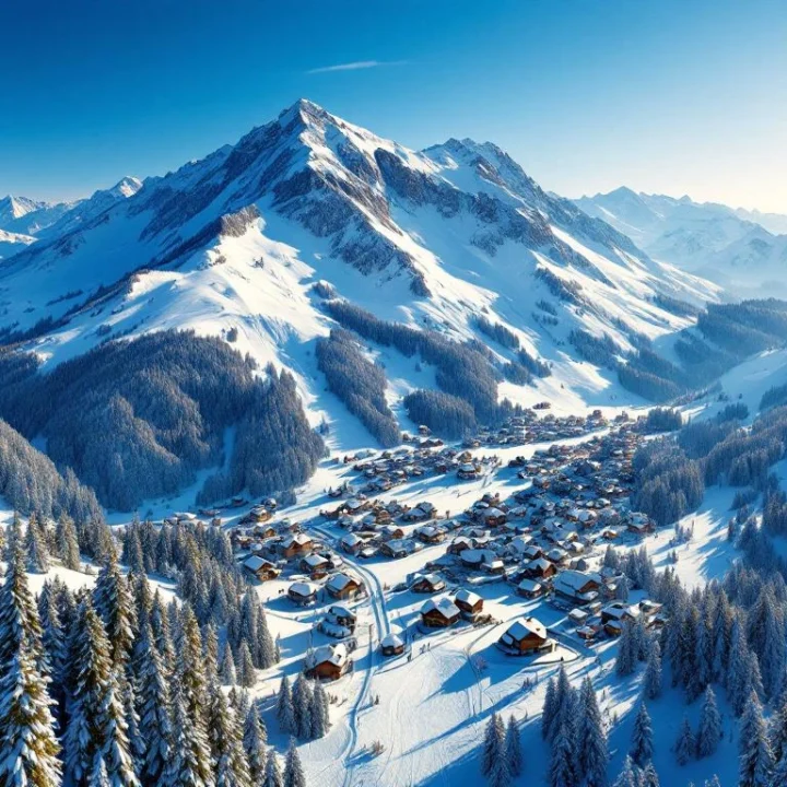 Luchtfoto van besneeuwde Duitse Alpen met skipistes, chalets en naaldbossen onder blauwe hemel