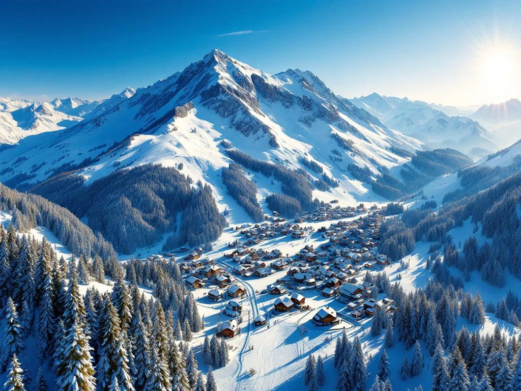 Luchtfoto van besneeuwde Duitse Alpen met skipistes, chalets en naaldbossen onder blauwe hemel