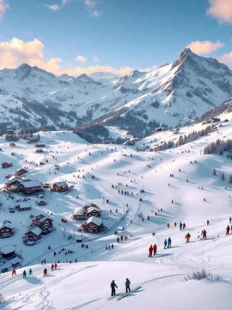 Luchtfoto van Ellmau-Going skipistes in Oostenrijkse Alpen met skiërs op besneeuwde hellingen en bergchalets