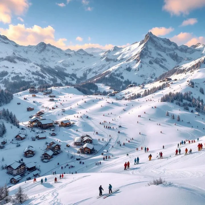 Luchtfoto van Ellmau-Going skipistes in Oostenrijkse Alpen met skiërs op besneeuwde hellingen en bergchalets
